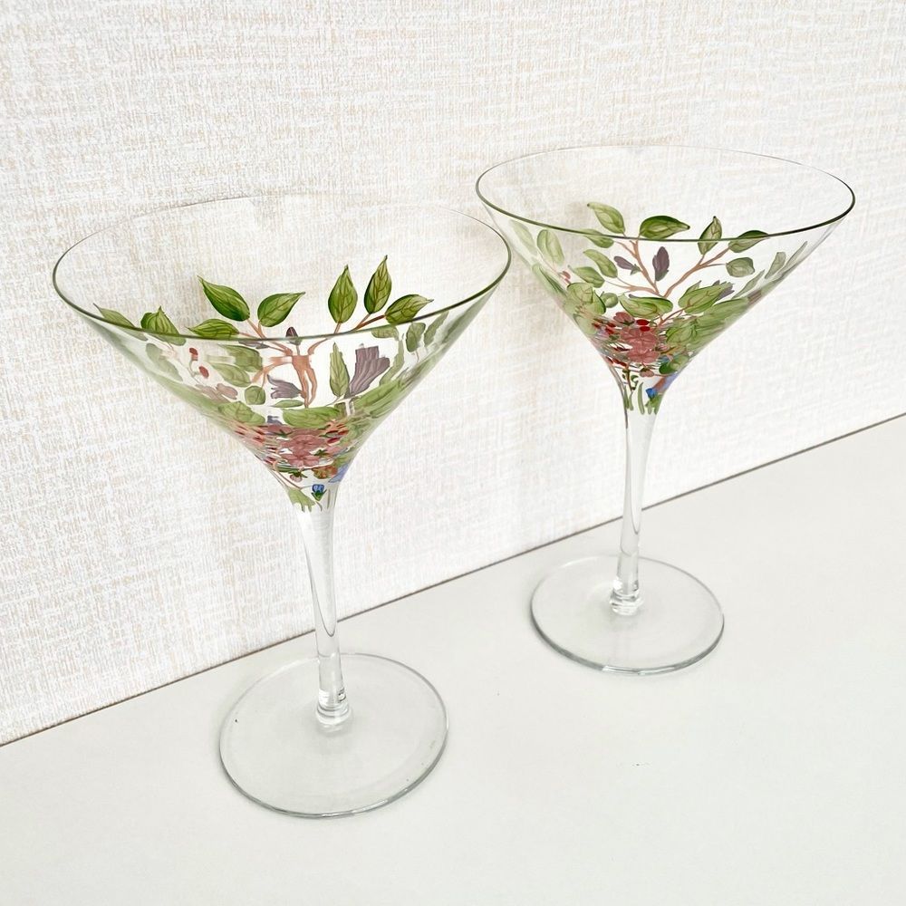 Set of 2, Cocktail Martini Glasses, Hand Painted Floral Artwork Decorati…